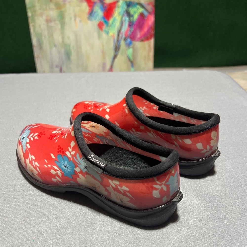 Sloggers Womens 8 Red Floral Waterproof Garden Shoes Slip On Clogs Made in USA